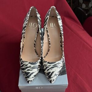 Jennifer Lopez Black and White Animal Print Heels